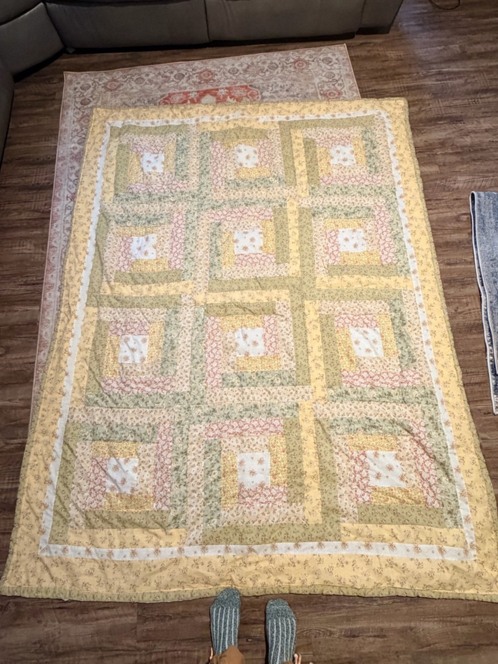 Laura Ashley Pastel Patchwork Log Cabin Quilt in Yellow, Green, Pink